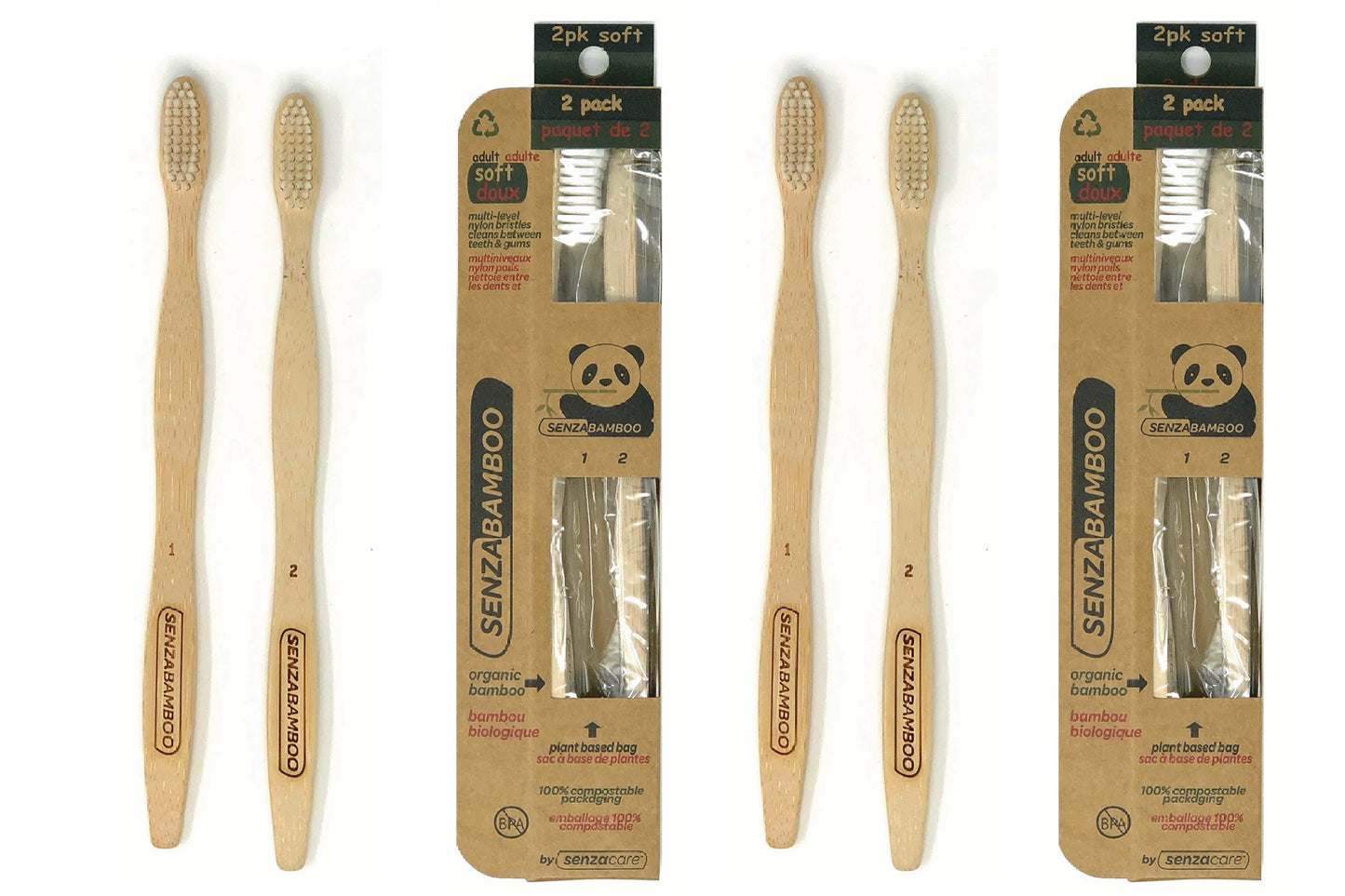 4 Soft Eco-Friendly Soft Bamboo Toothbrushes (2x2packs)