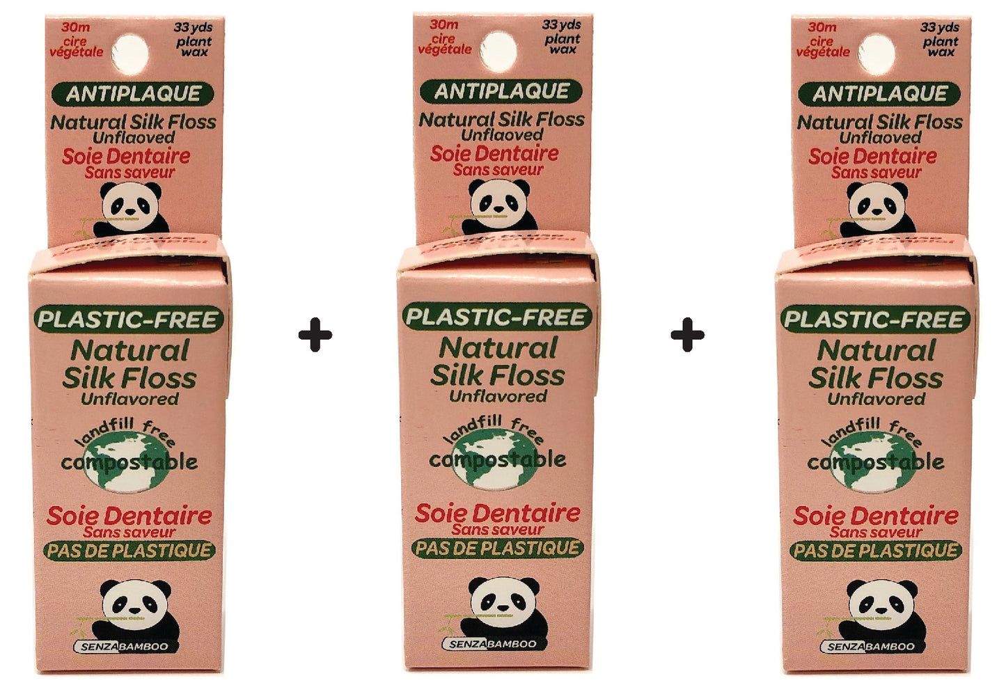 3 pack 100%-Plastic Free Silk Dental Floss (3 flavors)