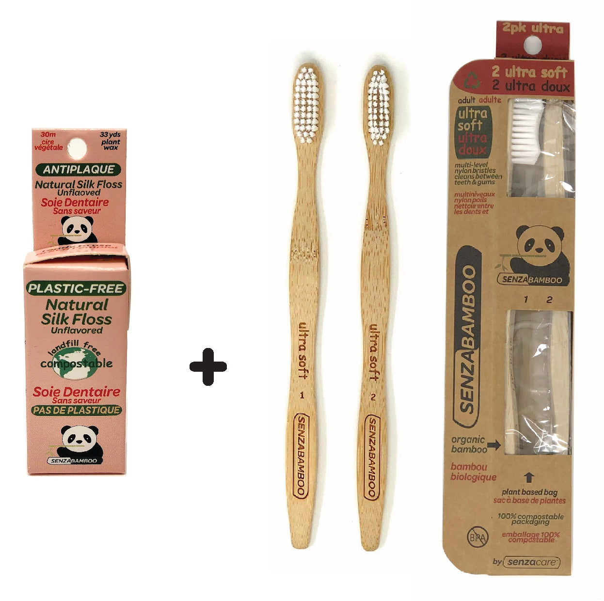 100%-Plastic Free Silk Dental Floss (unflavored) + 2 pack Ultra Soft Bamboo Toothbrushes