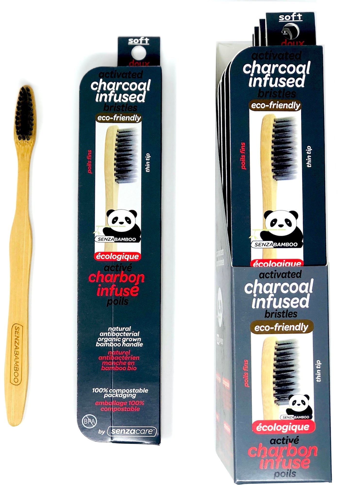 3 Active Charcoal Infused Thin Tip Bristle Bamboo Toothbrushes